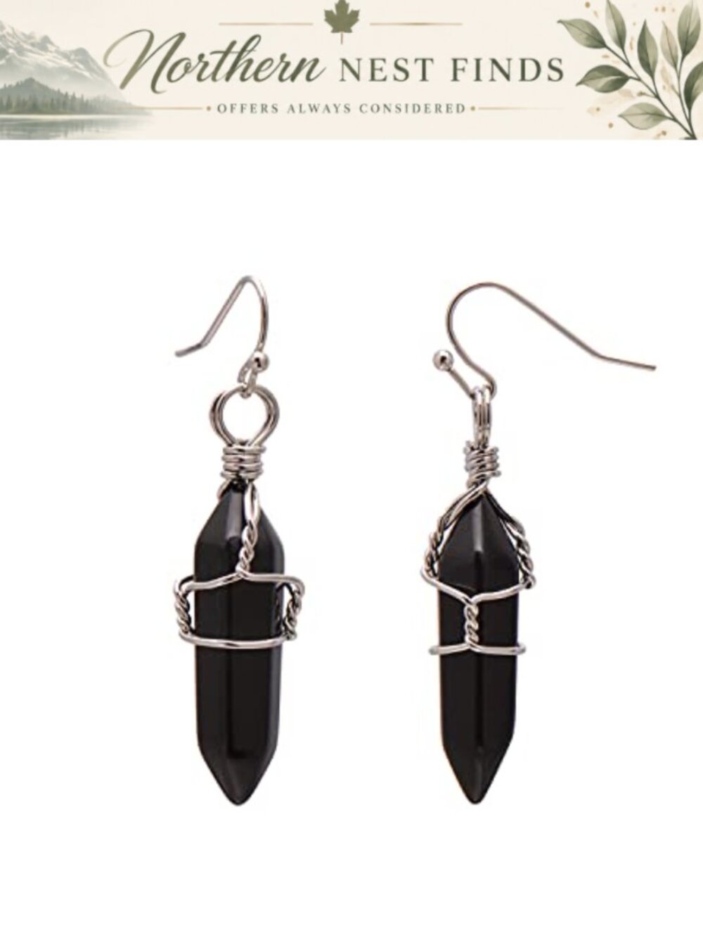 Handmade Black Onyx Crystal Earrings Wire Wrapped Point Dangle Reiki Healing